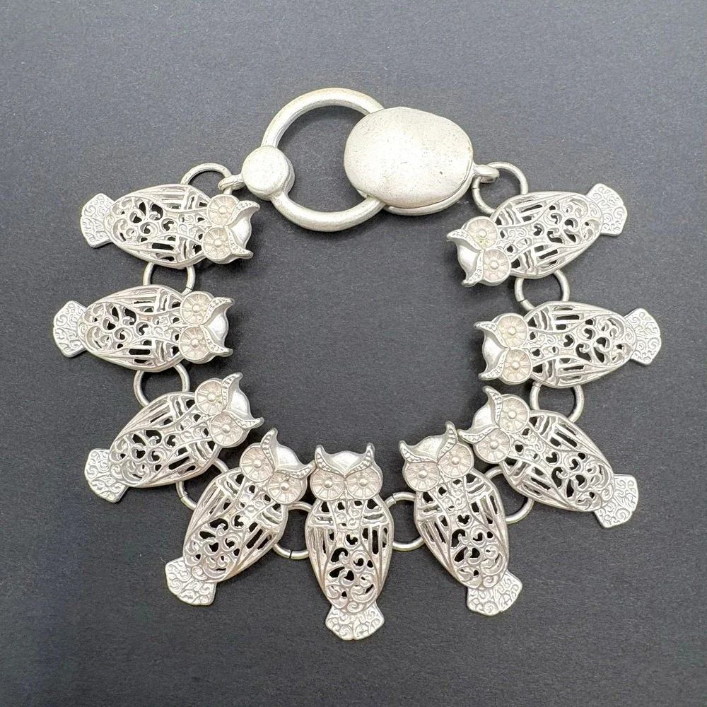 Vintage Owl Filigree Panel Link Bracelet Silver Tone Boho Magnetic Clasp 7